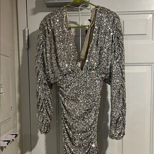 Silver Sequin Long-Sleeve Plunge Evening Dress